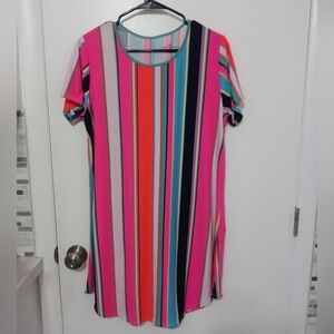 Bobbie Brooks Neon Striped Short Sleeve Stretch Lounging Dress/Beach Coverup
